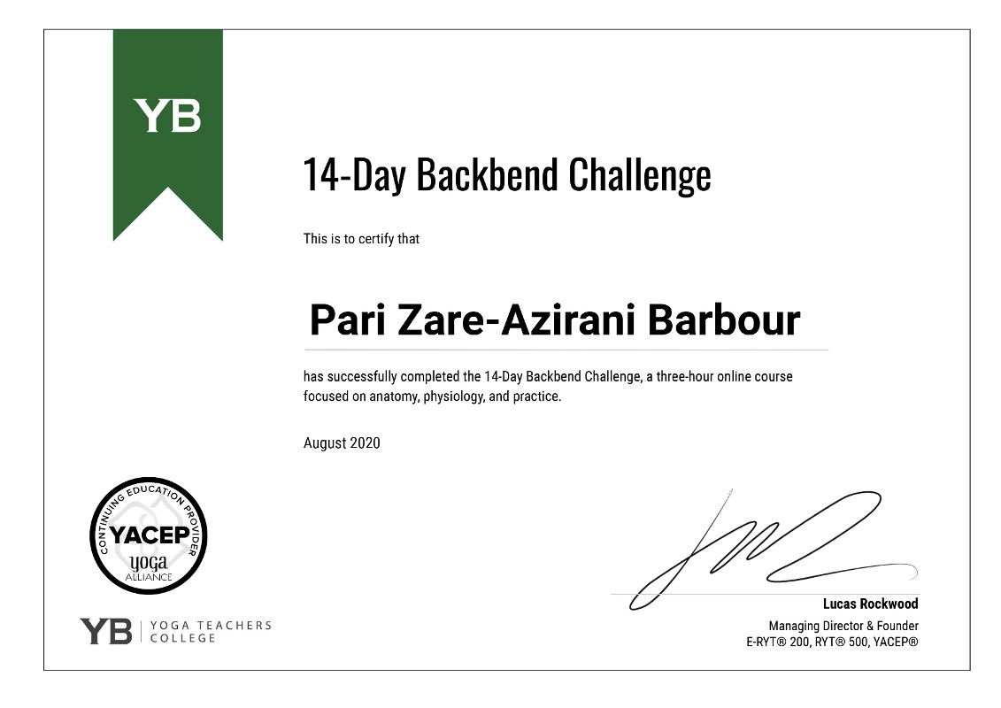 Certificate August 2020 - 14-day Backbend Challenge