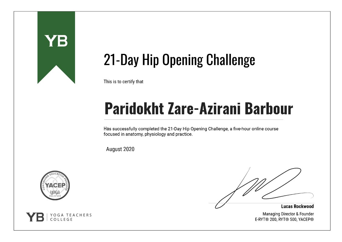 Certificate August 2020 - 21-day Hip Opening Challenge