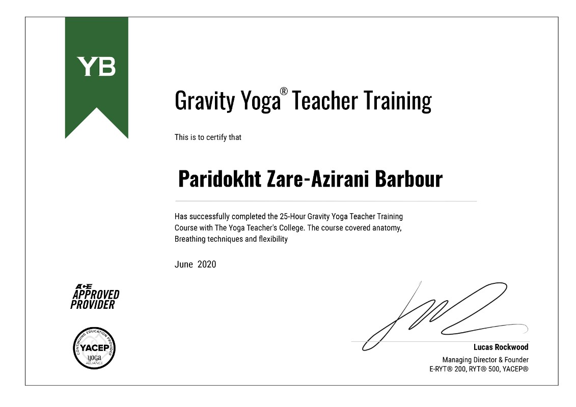 Certificate June 2020 - Gravity Yoga Teacher Training
